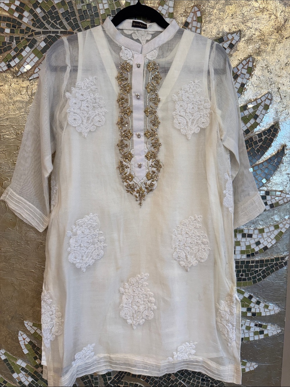 Agha Noor Ivory Embroidered Kurta with Gold Beading